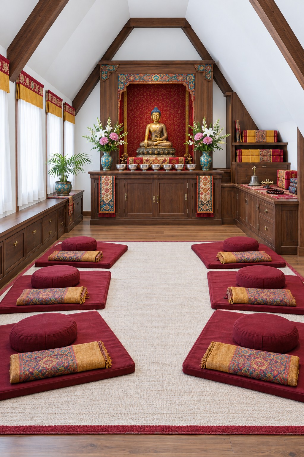Golden seated Buddha in a red wooden shrine facing burgundy meditation cushions and patterned bolsters