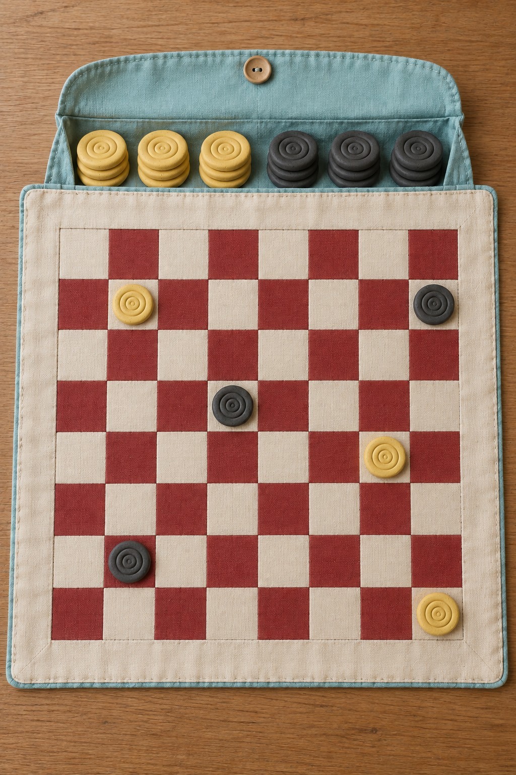 Fabric checkerboard with red and cream squares, rolled counters and a blue storage flap