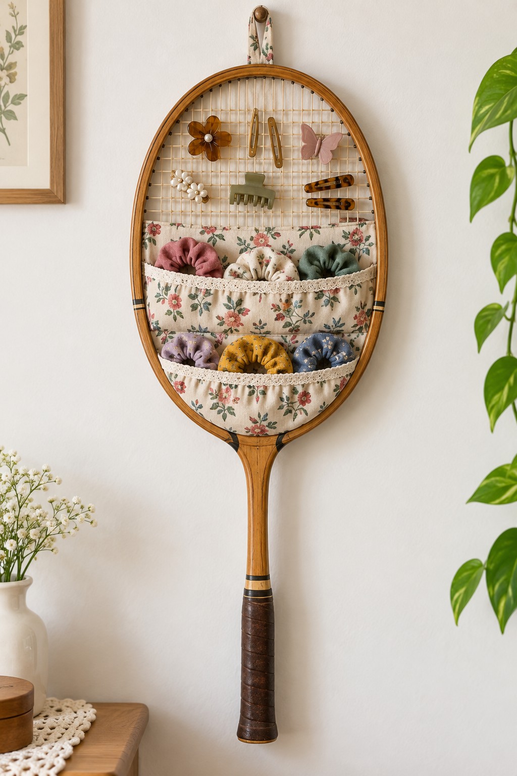Old wooden tennis racket hung vertically with floral fabric pockets over its string bed holding yarn scissors and craft tools