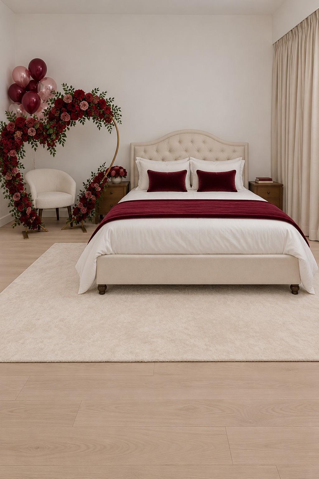 Cream tufted bed with a burgundy throw and a large floral hoop surrounding an accent chair on the left