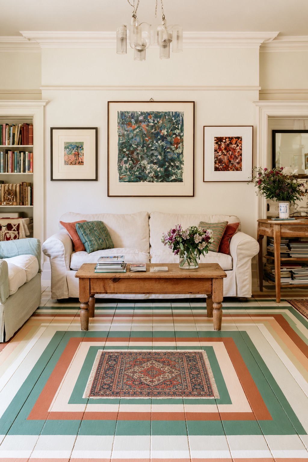 Broad teal, terracotta, cream, and blush rectangular bands surrounding a living room seating area