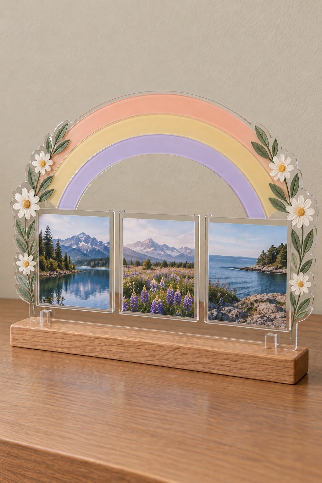 Pastel rainbow acrylic frame displaying three travel photographs above a wooden base