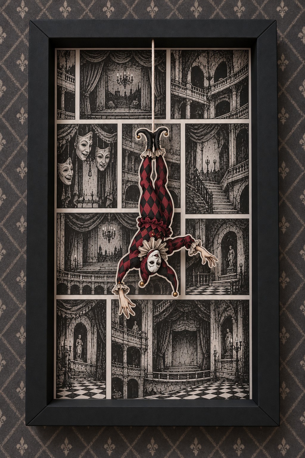 Red and black upside down harlequin suspended inside a black frame with theatre and mask panels