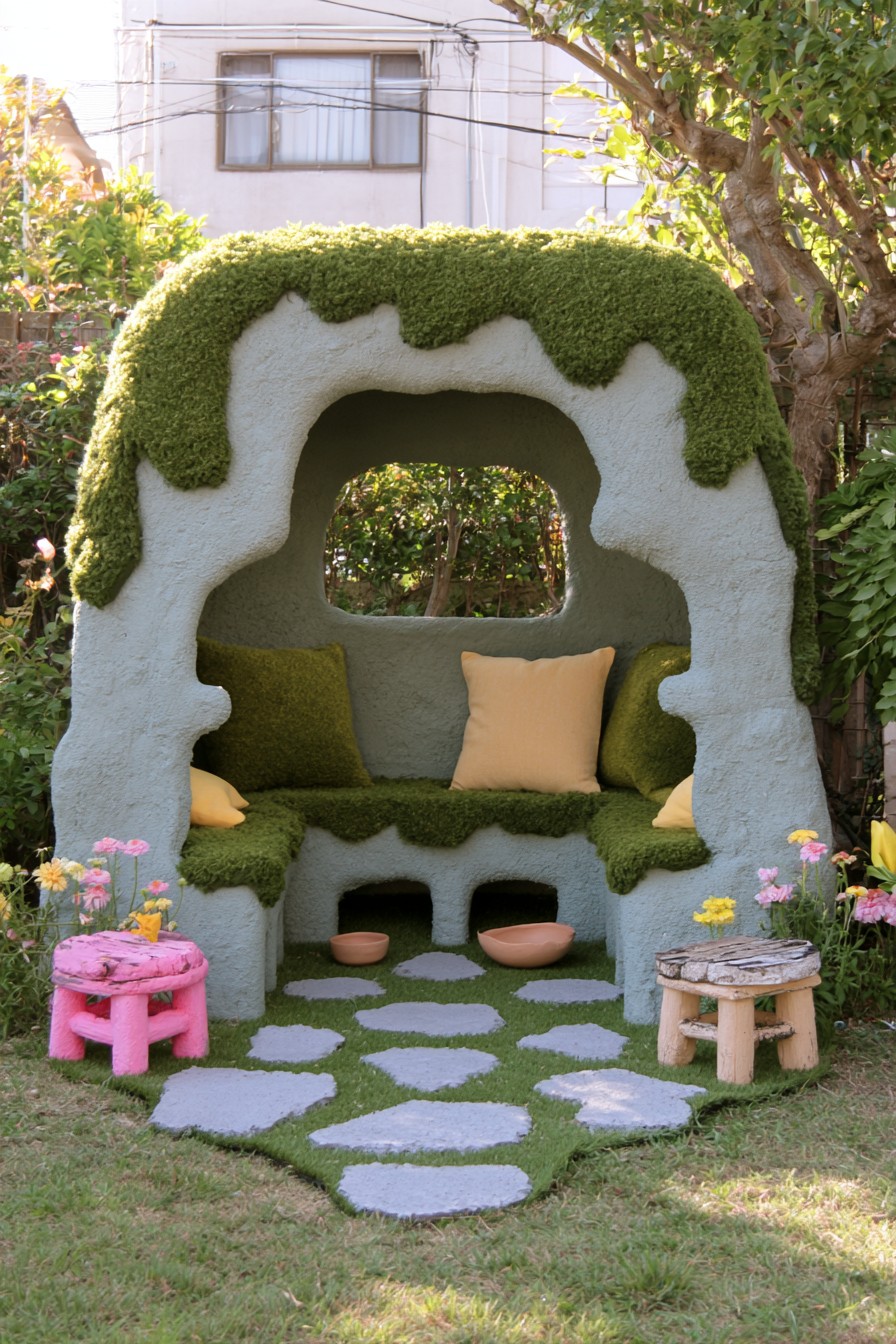 Cave-shaped pale garden nook with moss-like green texture and irregular stepping stones