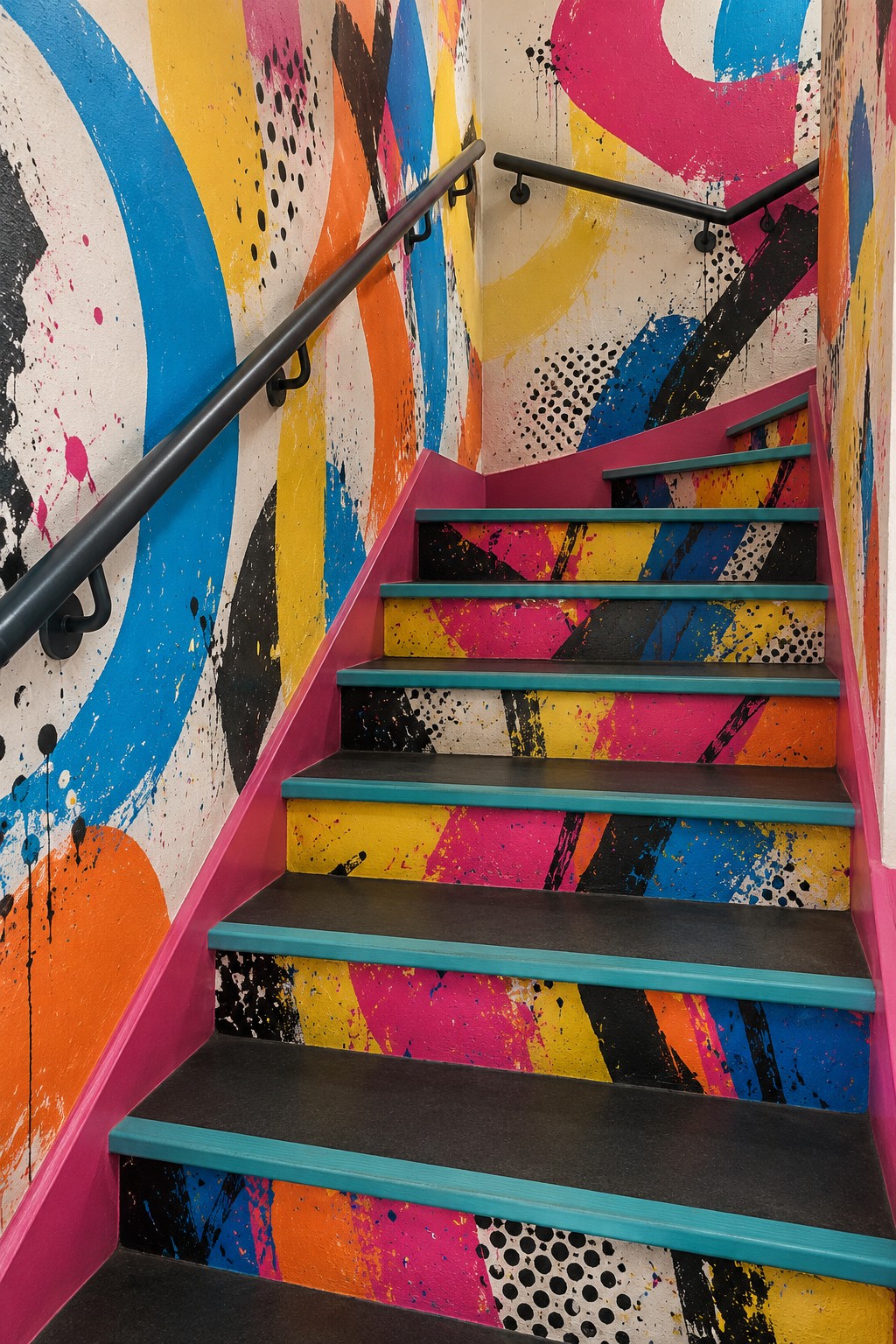 Dark stair treads with turquoise edges, colorful abstract risers, pink trim, and graphic painted walls