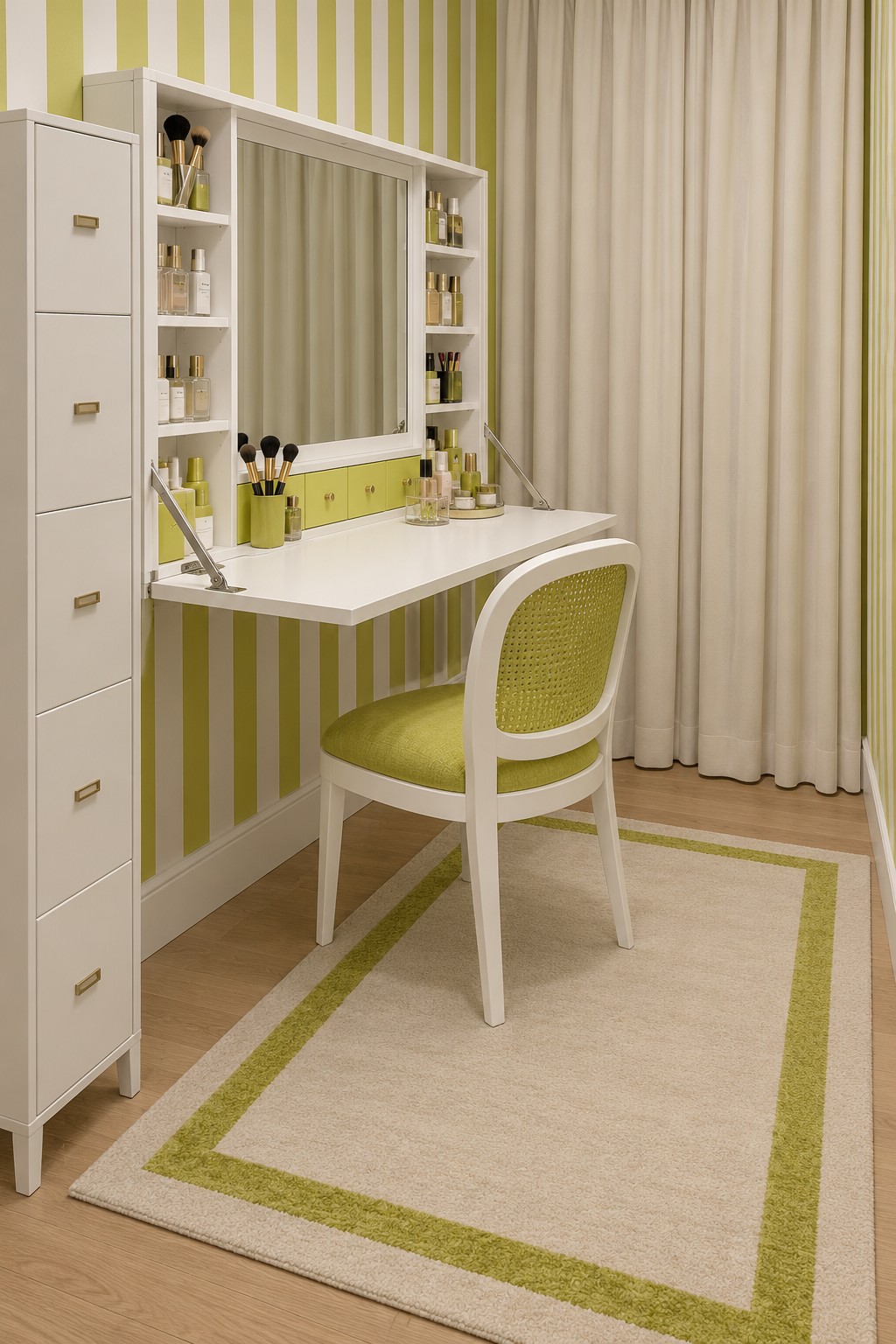 Chartreuse and white striped vanity corner with a fold down desk, mirror shelves, white chair, and green bordered rug