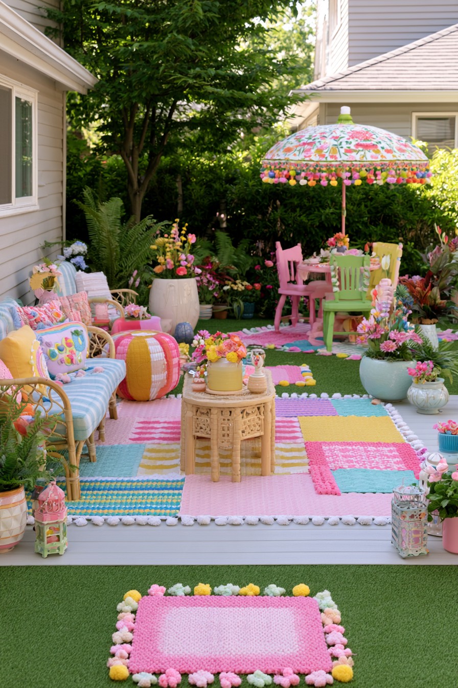 Maximalist bohemian garden with colorful entertaining zones