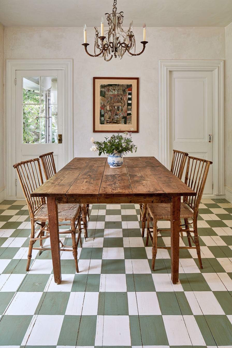 Sage green and white checkerboard painted across wooden floorboards beneath a rustic dining table