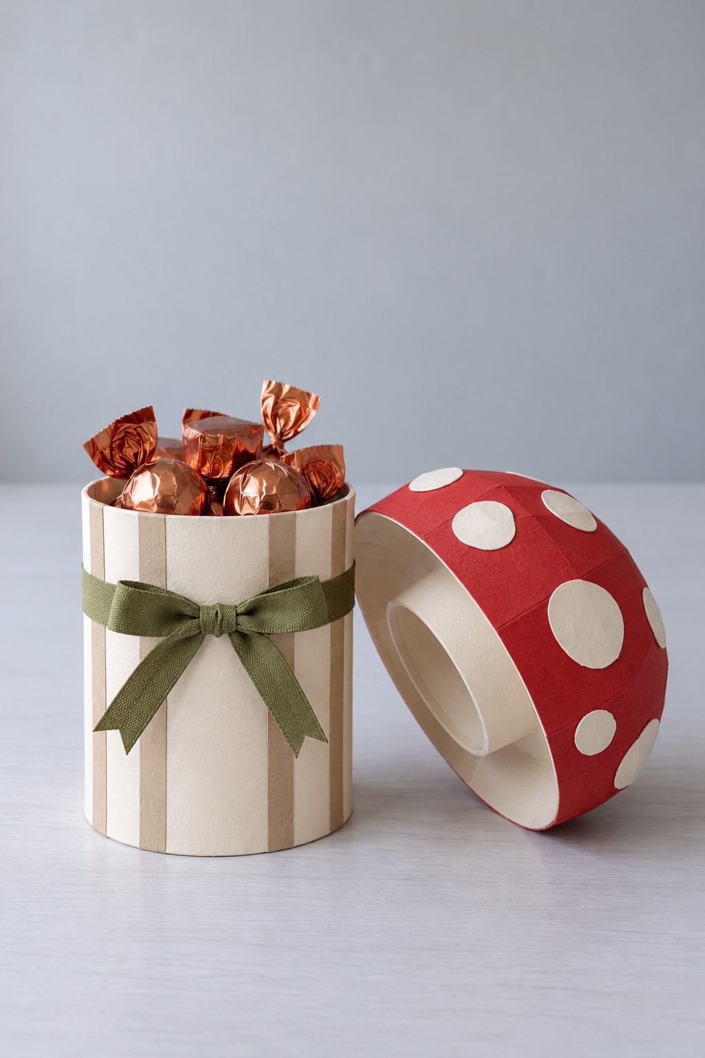 Cream striped round chocolate box beside its red mushroom cap lid with cream spots