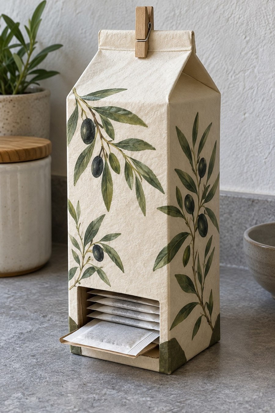 Botanical milk carton tea dispenser with a bottom opening and wooden top clip