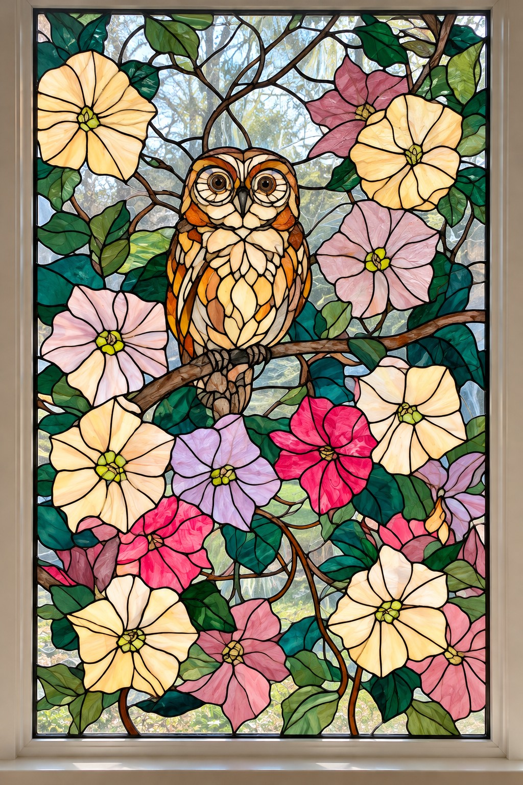 Amber and cream owl perched among winding branches, green leaves, and large pastel and magenta flowers