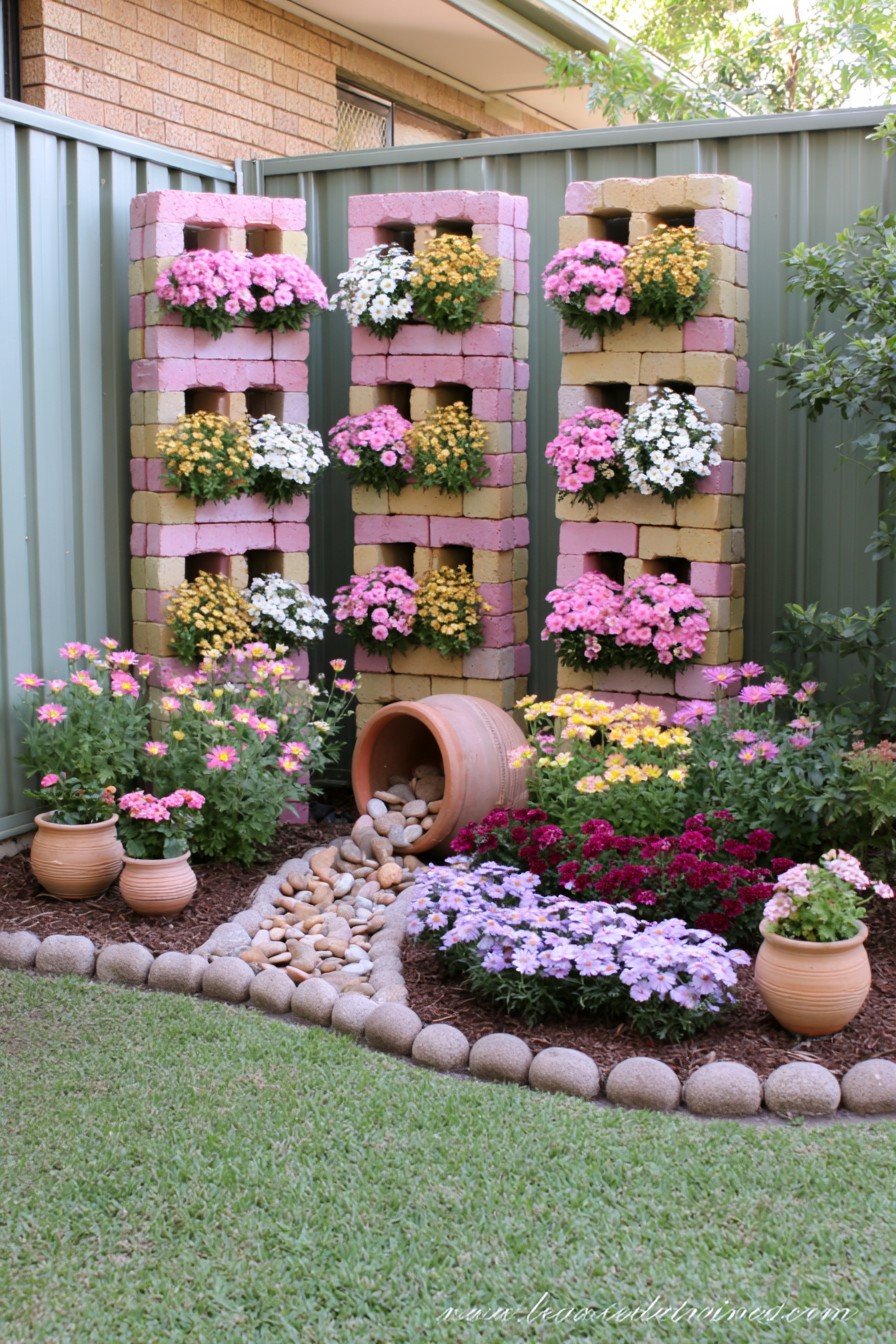 38. Vertical Brick Flower Towers Along A Fence