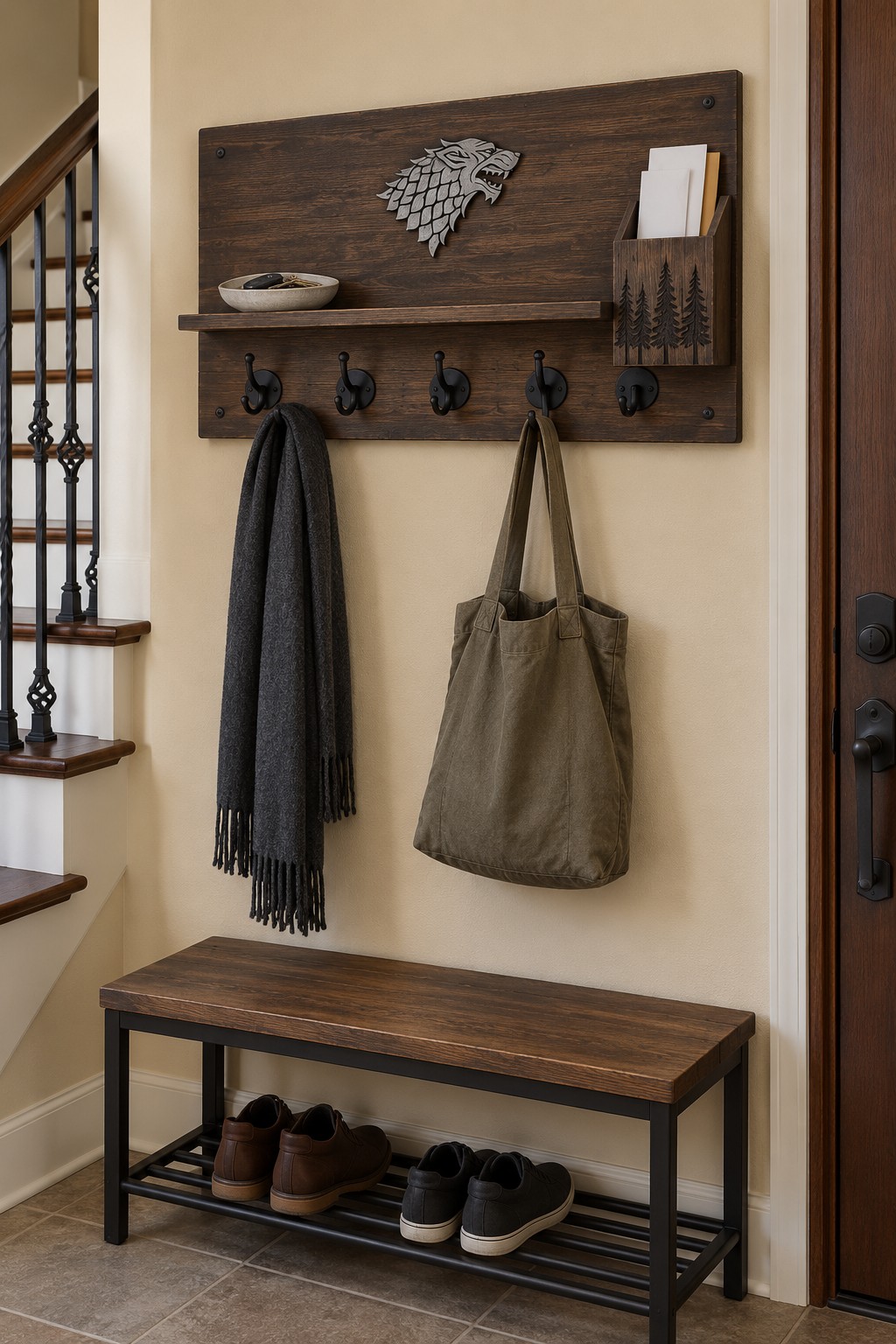 Dark wooden wall organizer with a silver direwolf emblem, five hooks, a letter pocket, and a shoe bench below