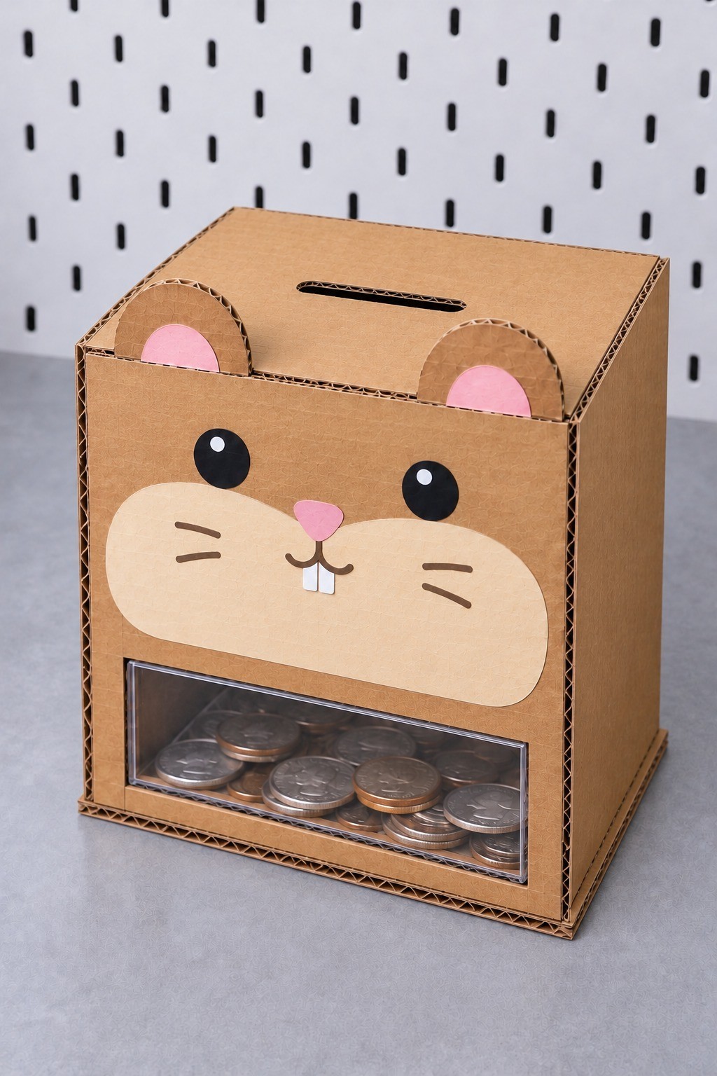 Compact cardboard hamster coin bank with a top coin slot, cream cheeks, pink ears and a clear lower collecting drawer