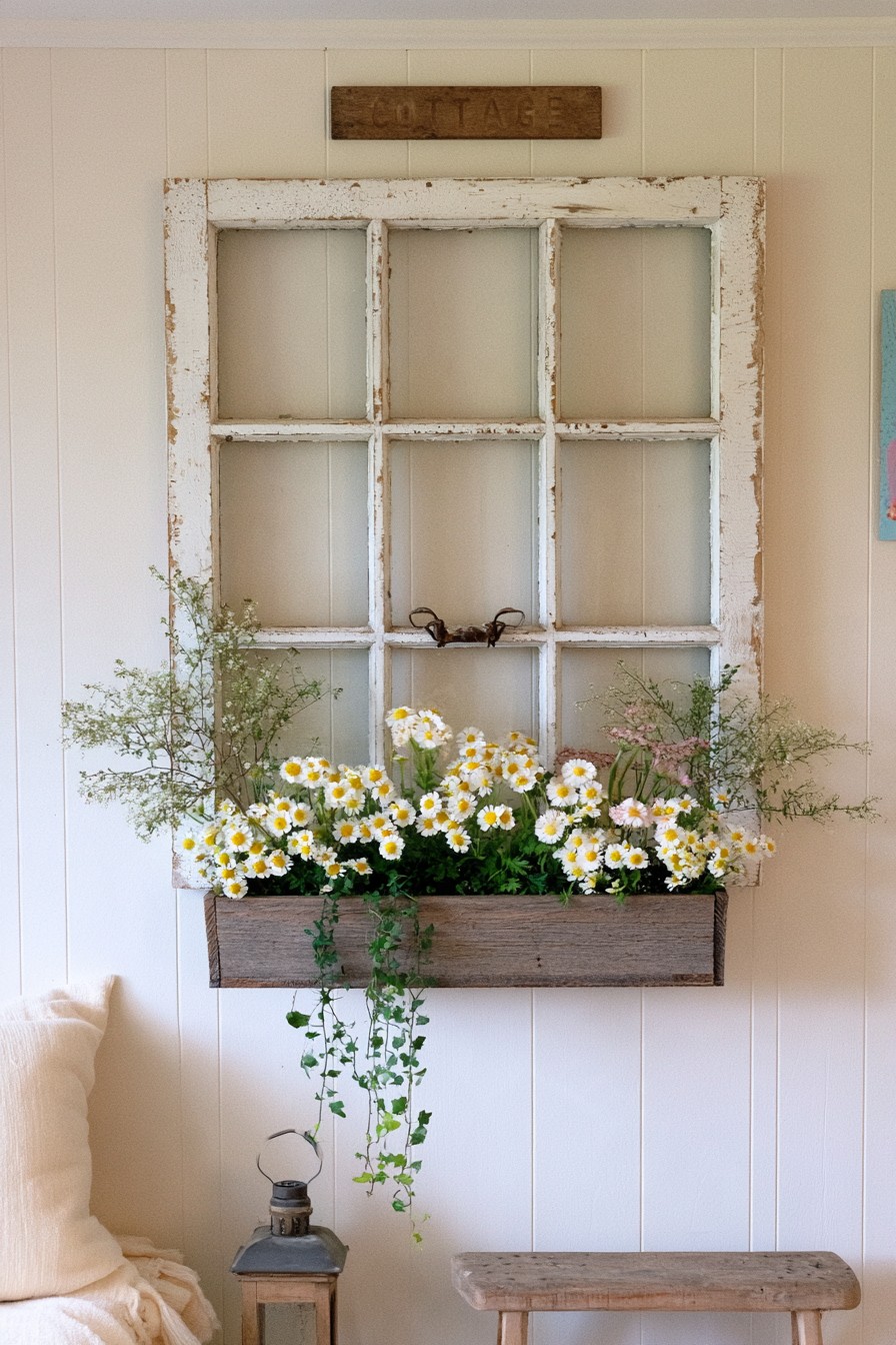 Salvaged window frame with a flower box attached below