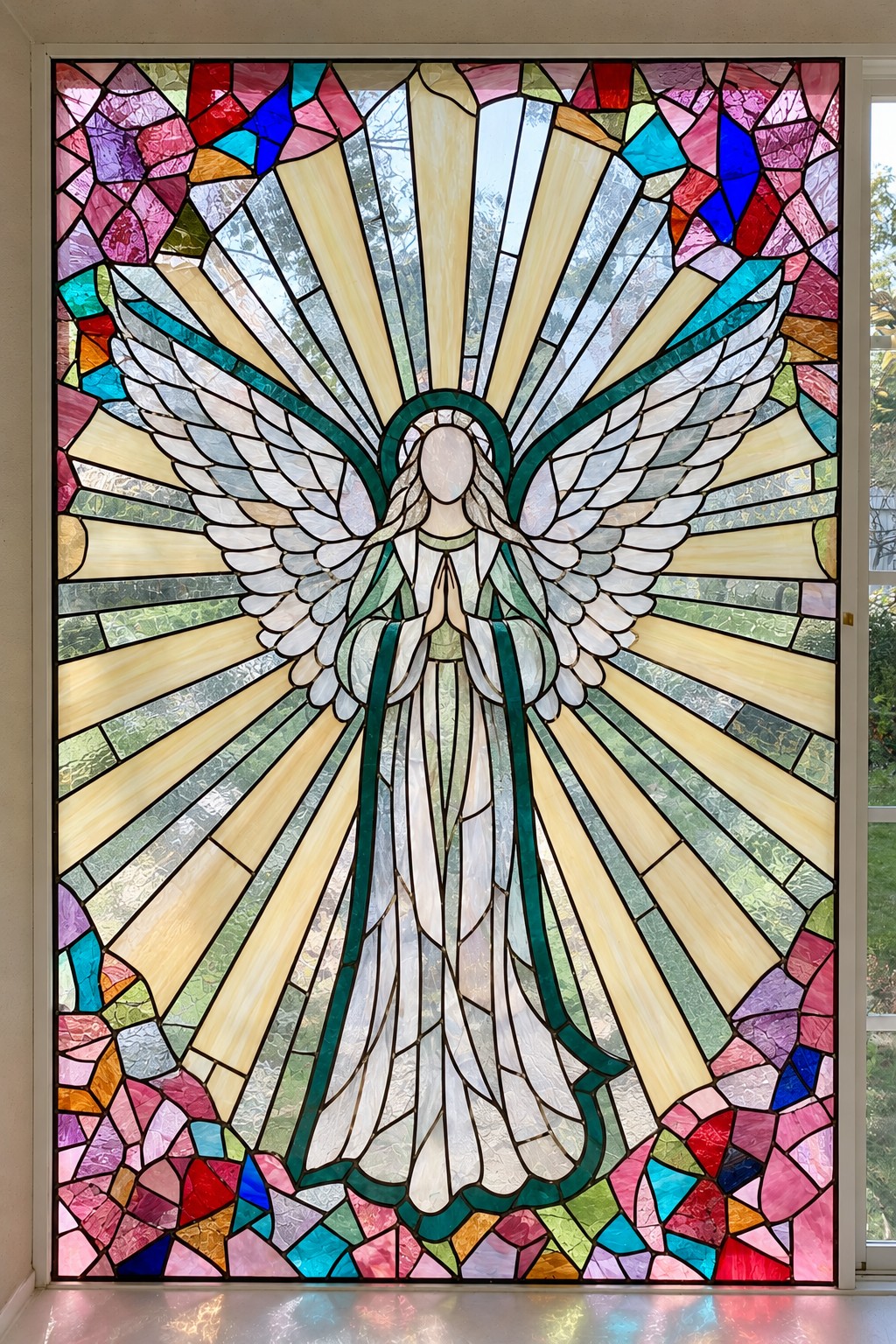 Central pale robed angel with outstretched wings, gold rays, green outlines, and colorful mosaic corners
