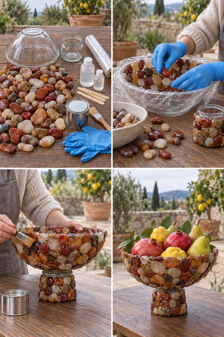 Amber, red, and cream polished stones formed into a footed decorative bowl