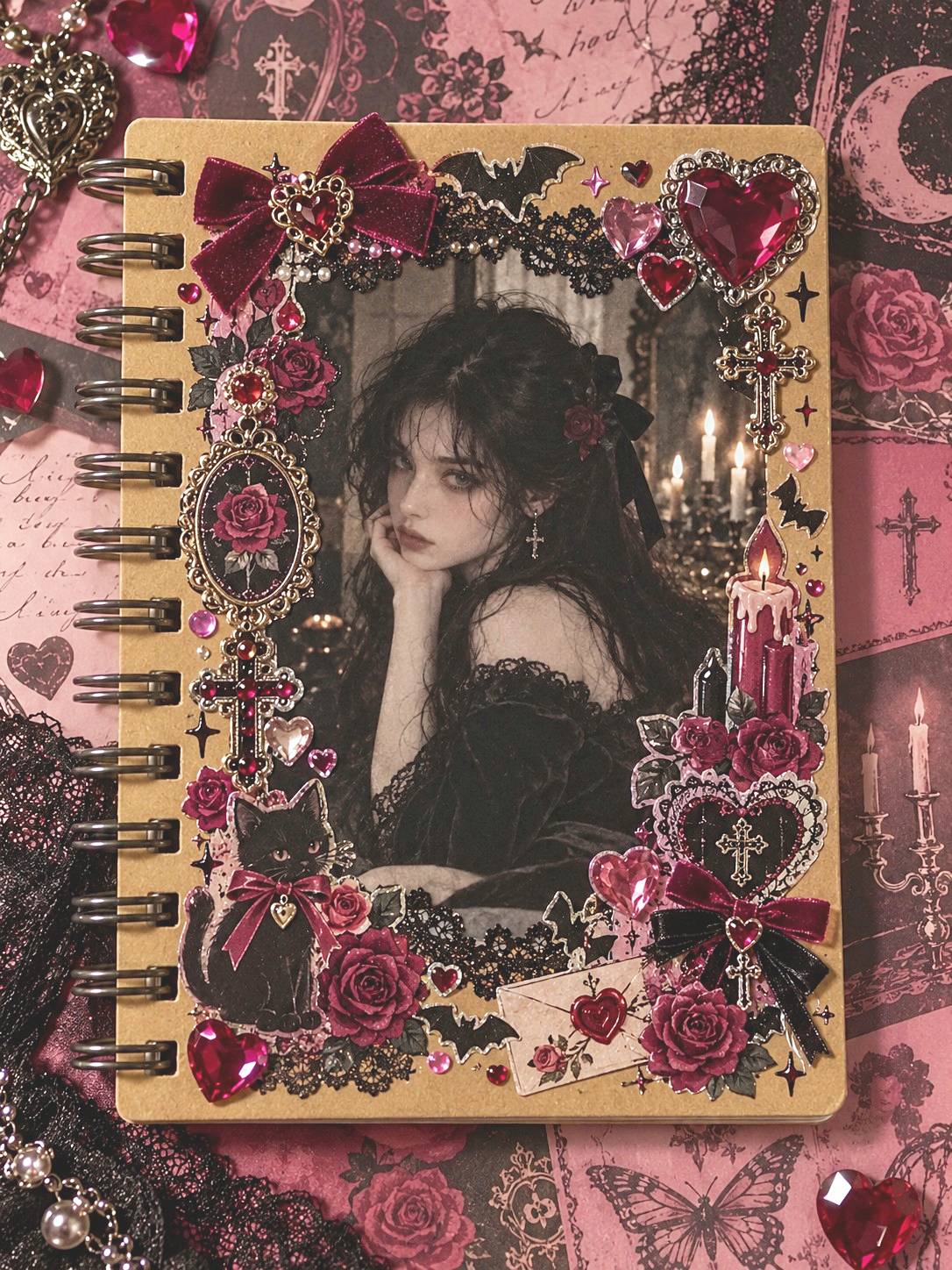 Spiral sketchbook with a central portrait bordered by burgundy roses, black lace, and jewel accents
