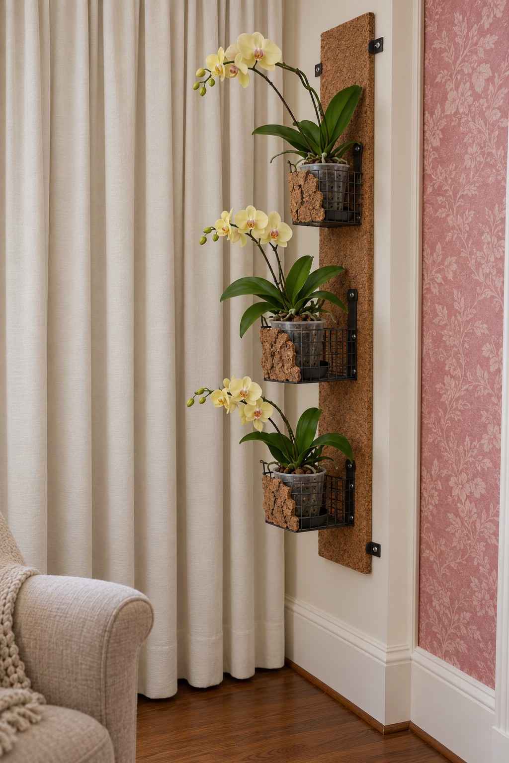 Narrow cork wall panel with three black baskets holding yellow orchids