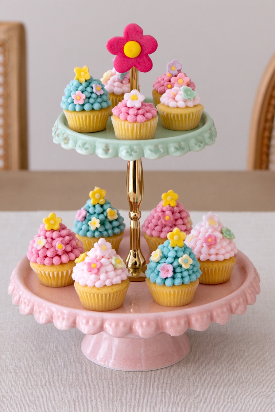 Pastel mismatched ceramic cupcake stand on a dessert table