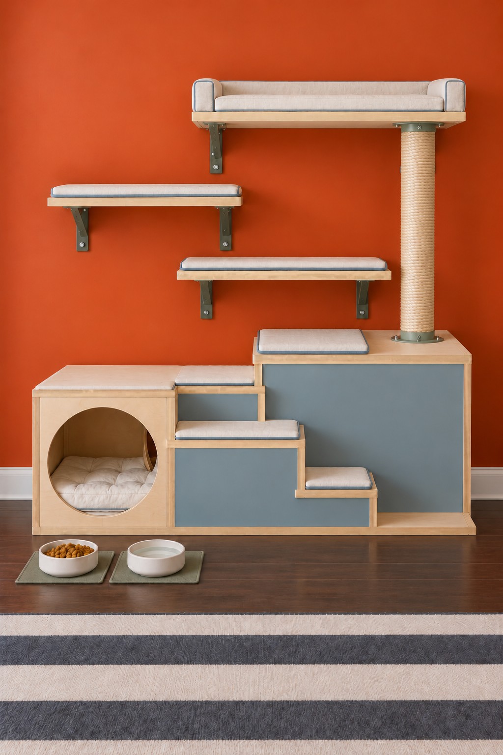 Blue gray cat climbing station with a round lower den, stepped base, two wall shelves, and a long upper bed