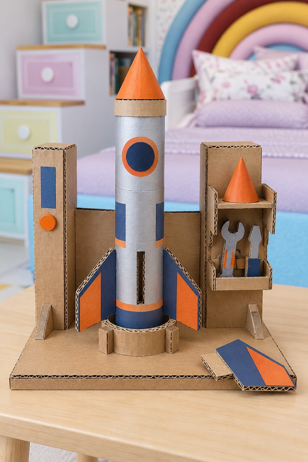 Silver and orange cardboard rocket on a launch stand with a control tower and tool shelf