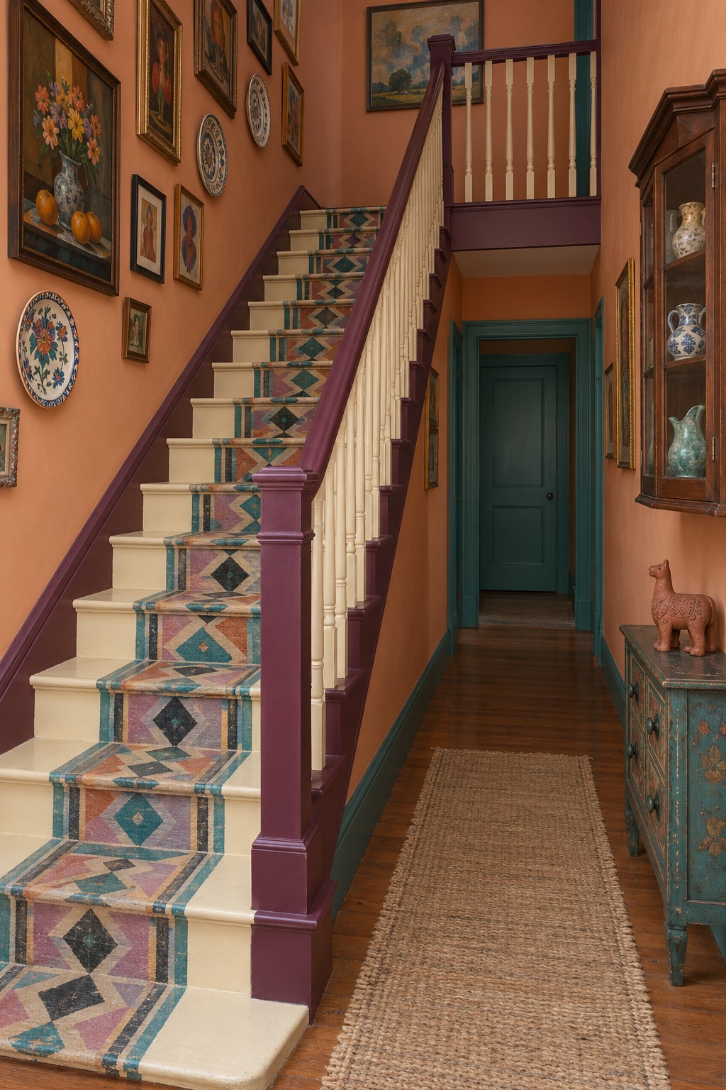 Apricot hallway with plum staircase rails, cream spindles, a teal patterned runner, and a teal door