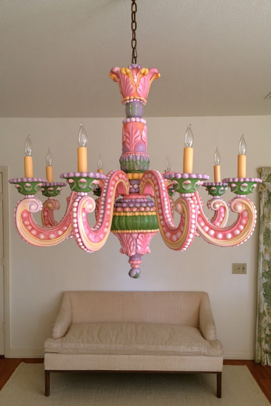 Chandelier painted in pastel pink, lilac, green and yellow with raised dot details