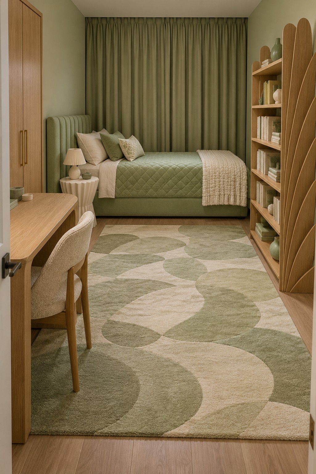 A pistachio bed with a channeled headboard, a fan shaped wooden bookcase, and a green petal patterned rug