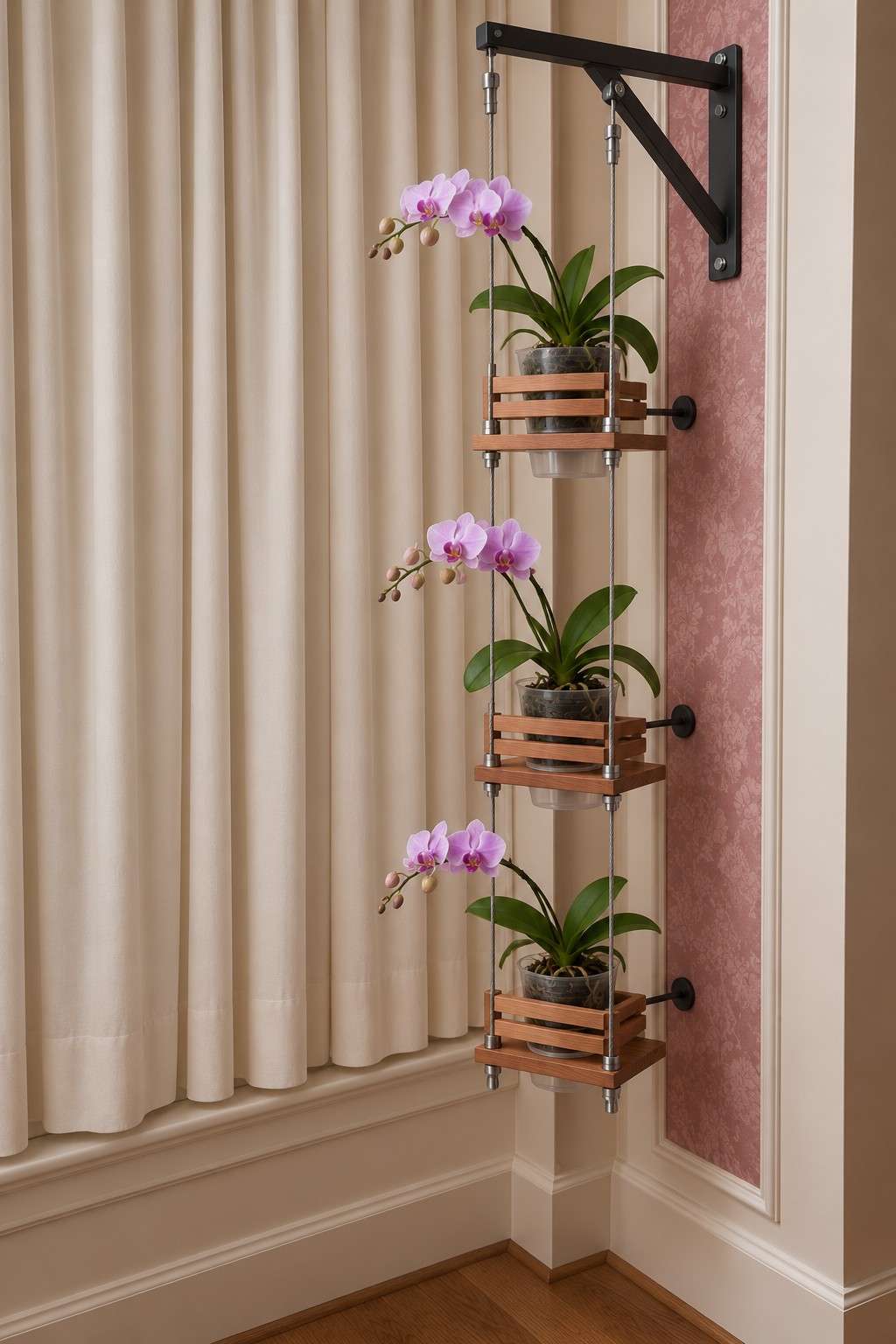 Three slatted orchid baskets suspended from a black wall bracket with wall spacers