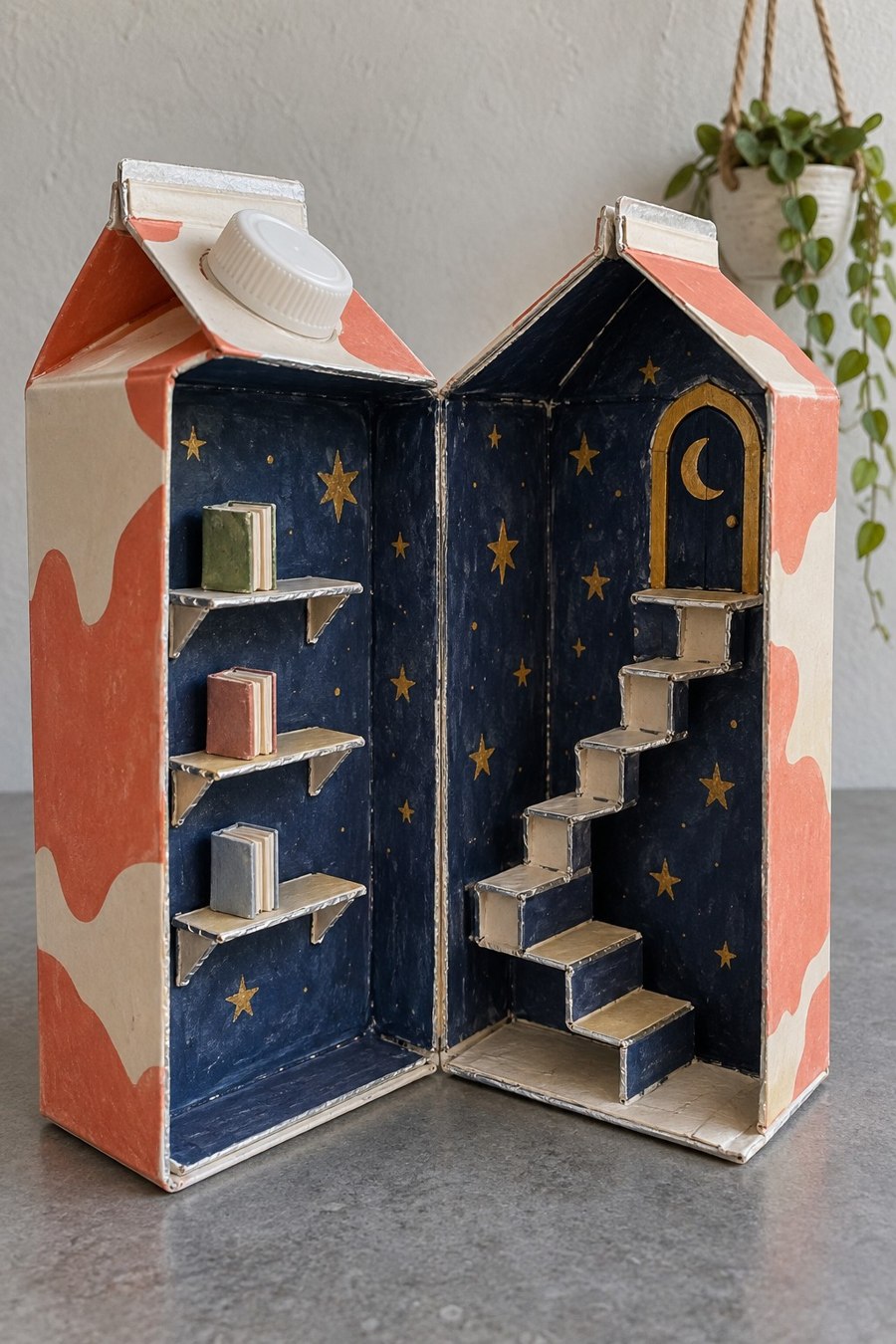 Two opened carton house halves with painted stars miniature stairs and tiny ledges