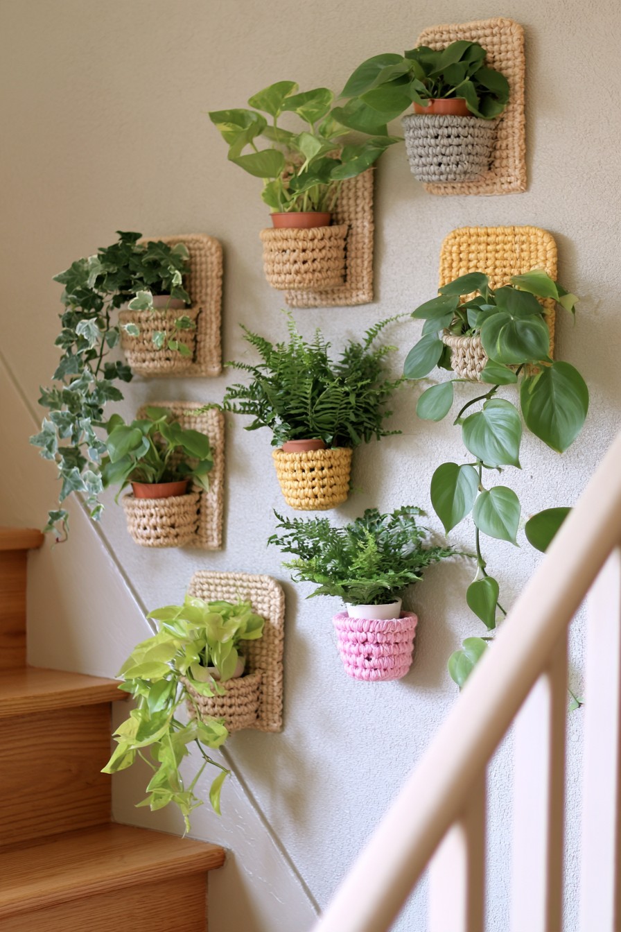 Small woven wall baskets in cream, yellow, gray, and pink holding leafy and fern shaped plants near stairs