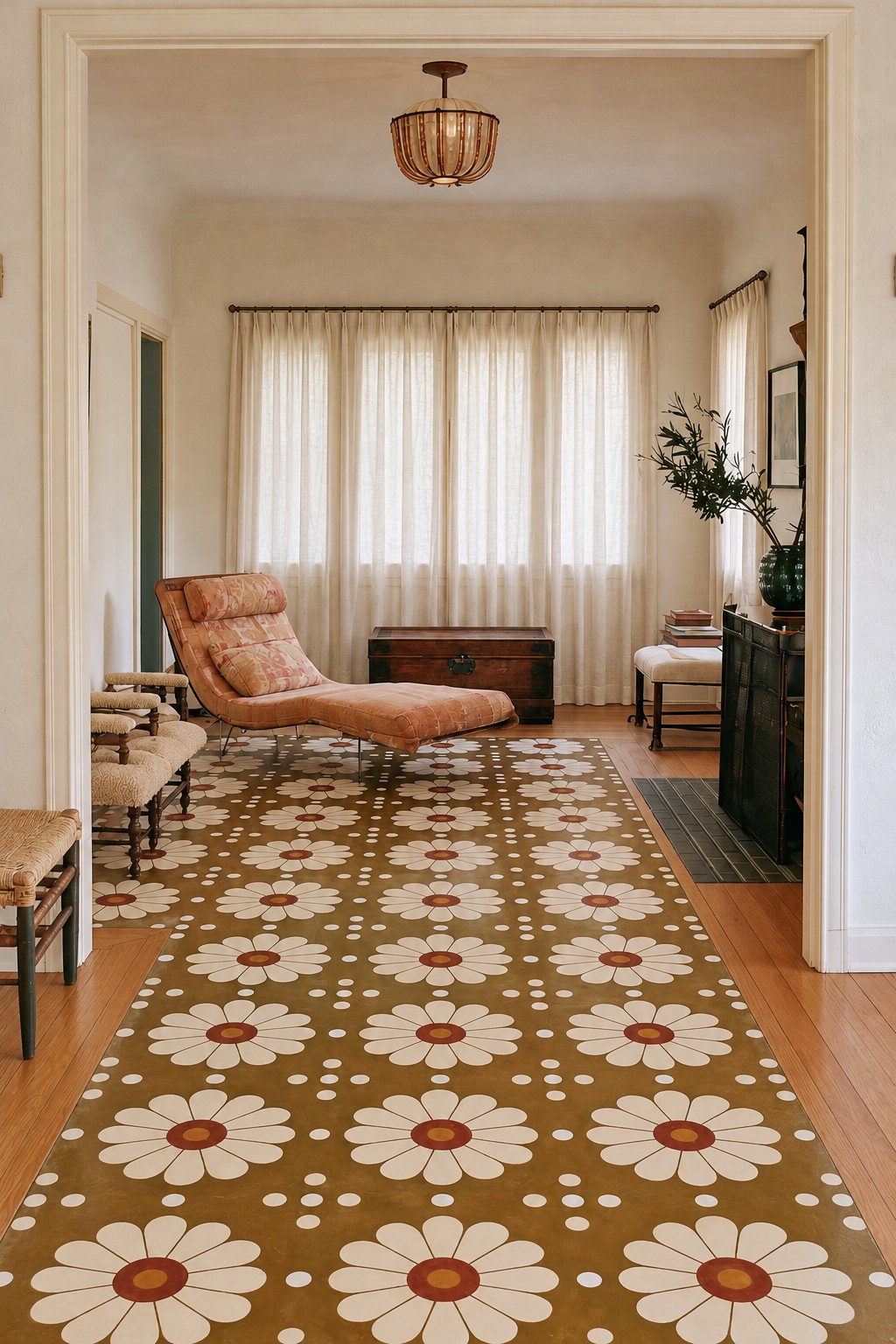 Large cream daisies with rust centers and small white dots on an ochre painted living room floor