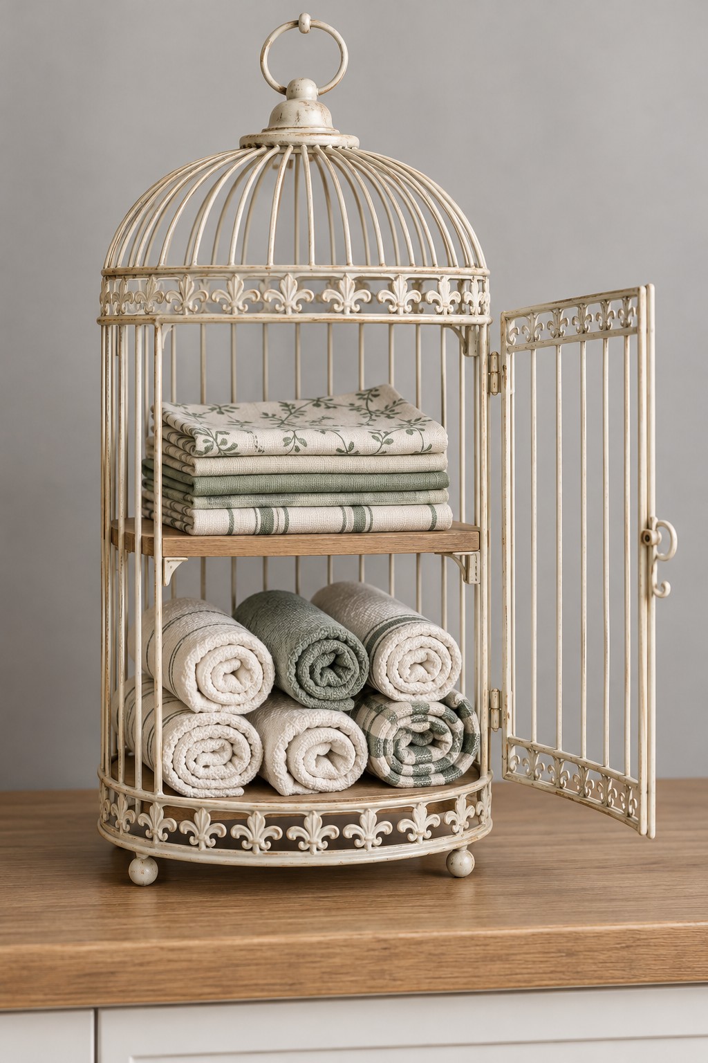 Cream decorative birdcage with its side door open and a fitted wooden shelf holding folded cloths above rolled towels