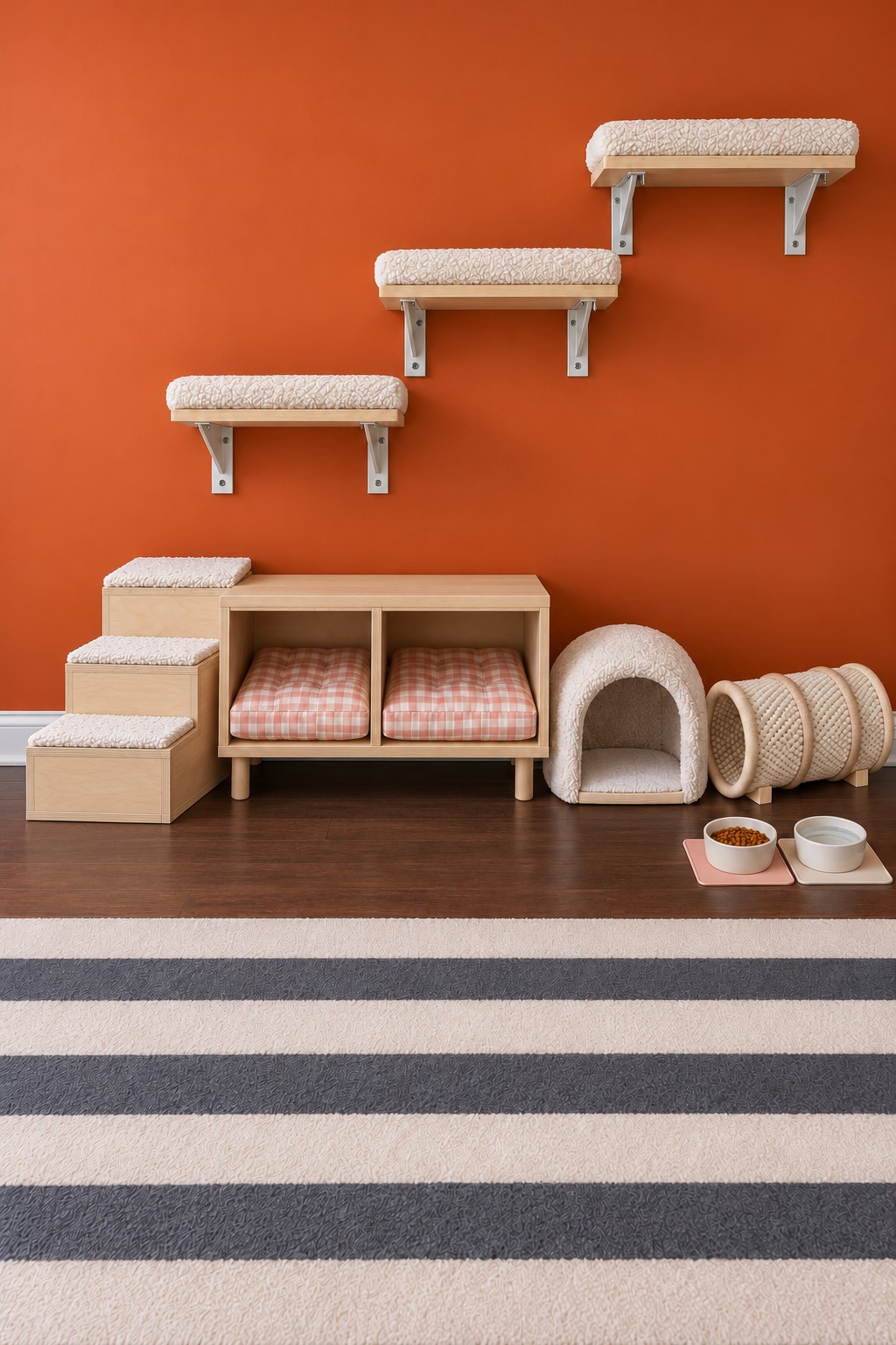 Compact pink cushioned cat bench beneath three diagonal wall shelves beside a cave and tunnel
