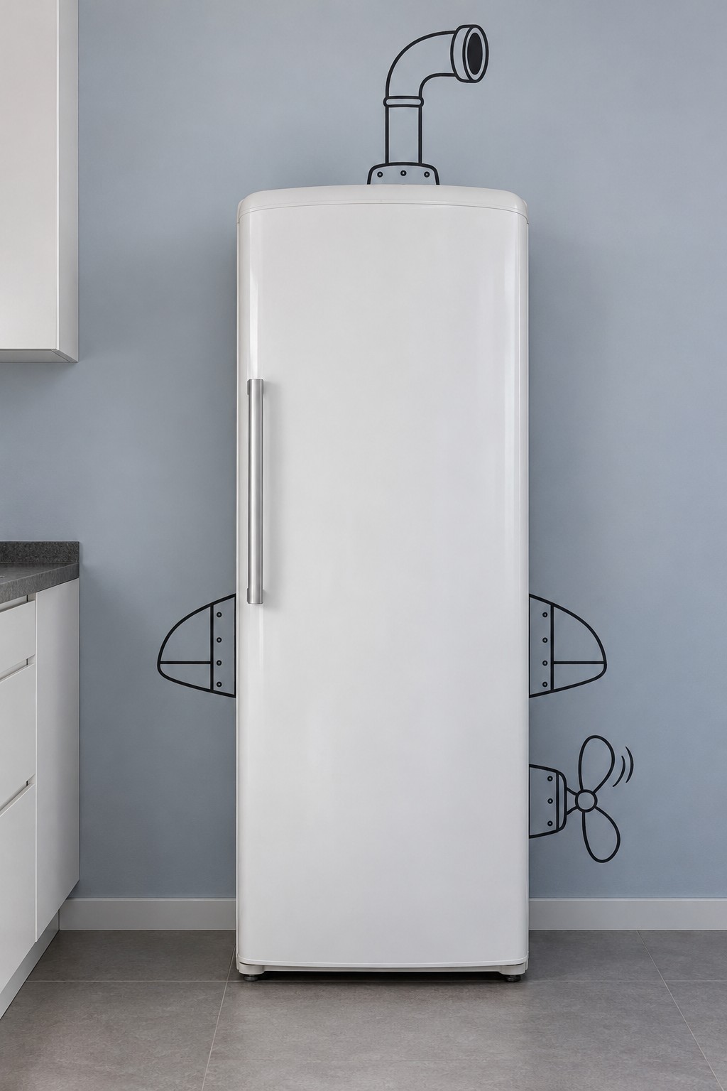 Tall white refrigerator framed by a painted periscope, fins and propeller on a gray blue wall