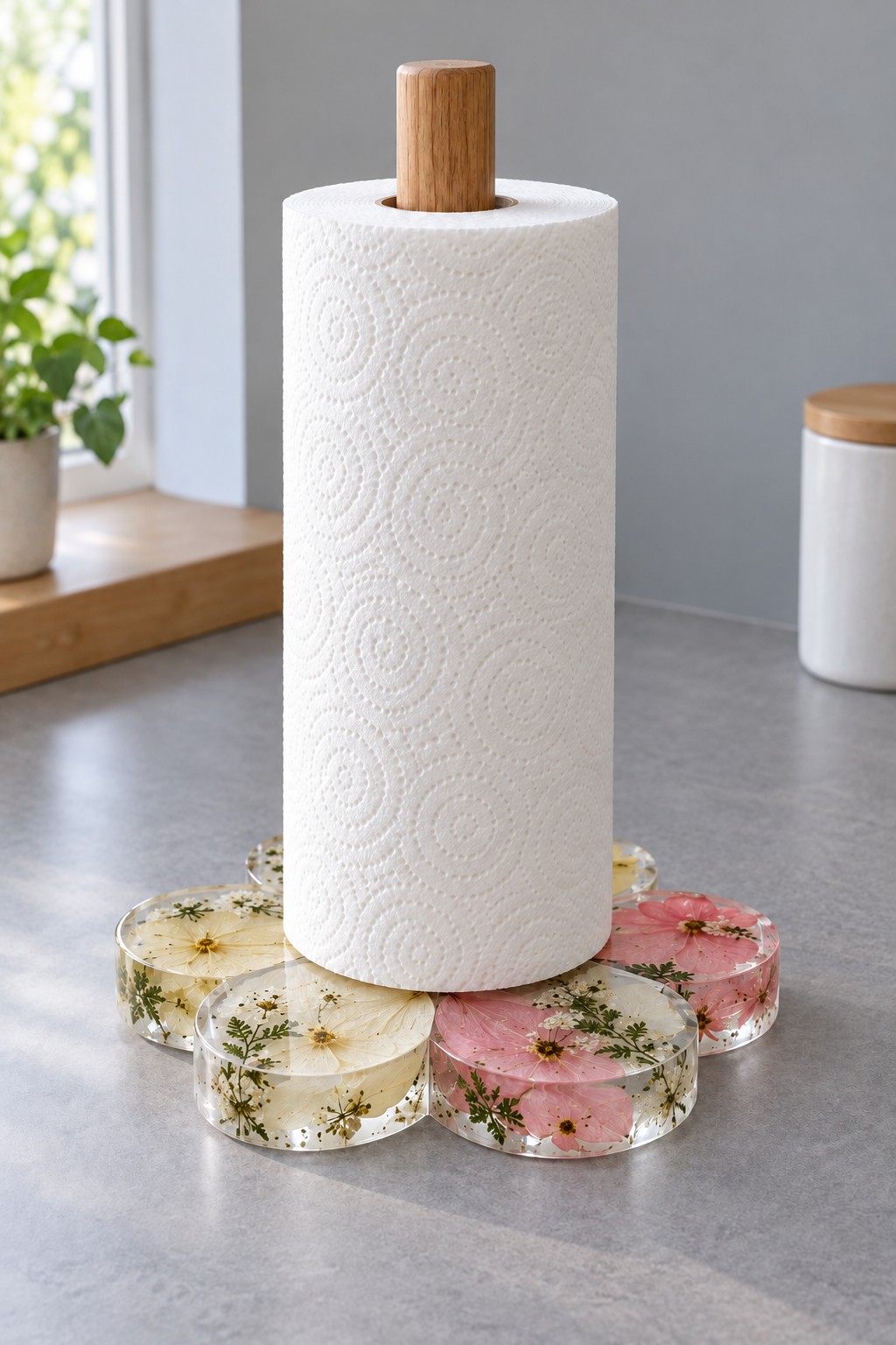 A wooden upright paper towel holder with a flower shaped resin base of clear daisy petals and pink floral petals.