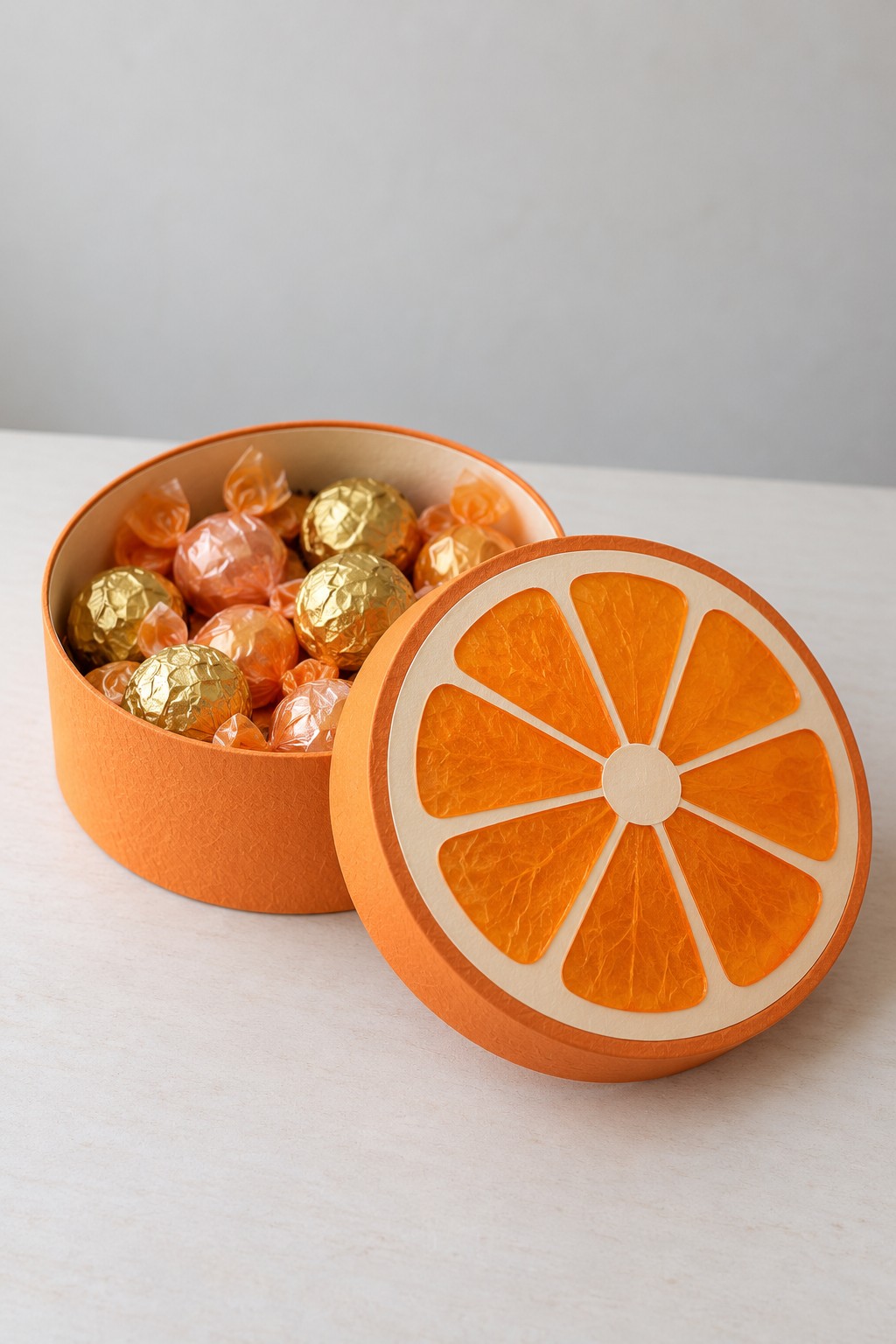 Orange round sweet box with wrapped chocolates beside a lid decorated as a citrus slice