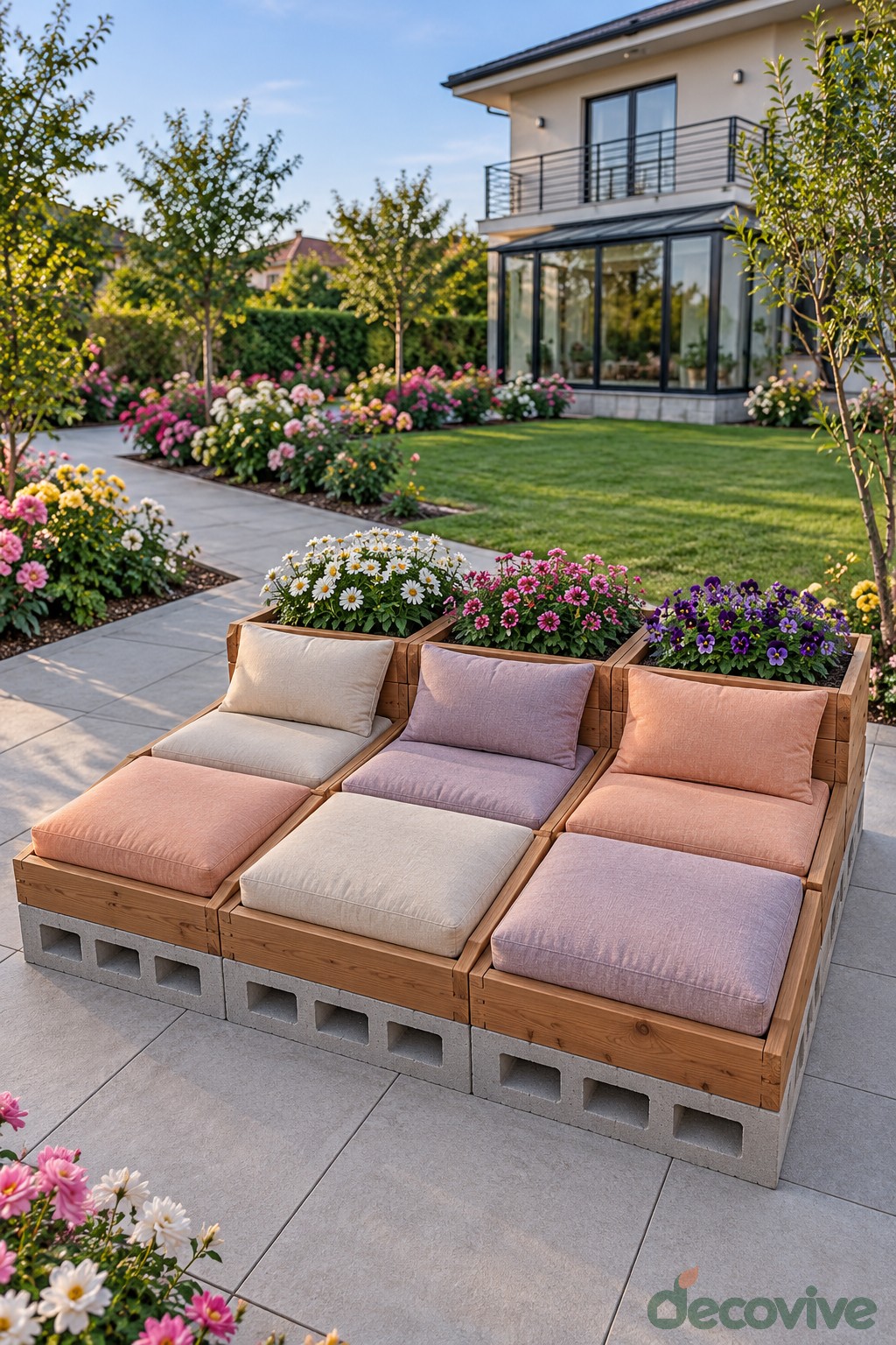 Wide garden lounge with three pastel cushion lanes on a low block supported base