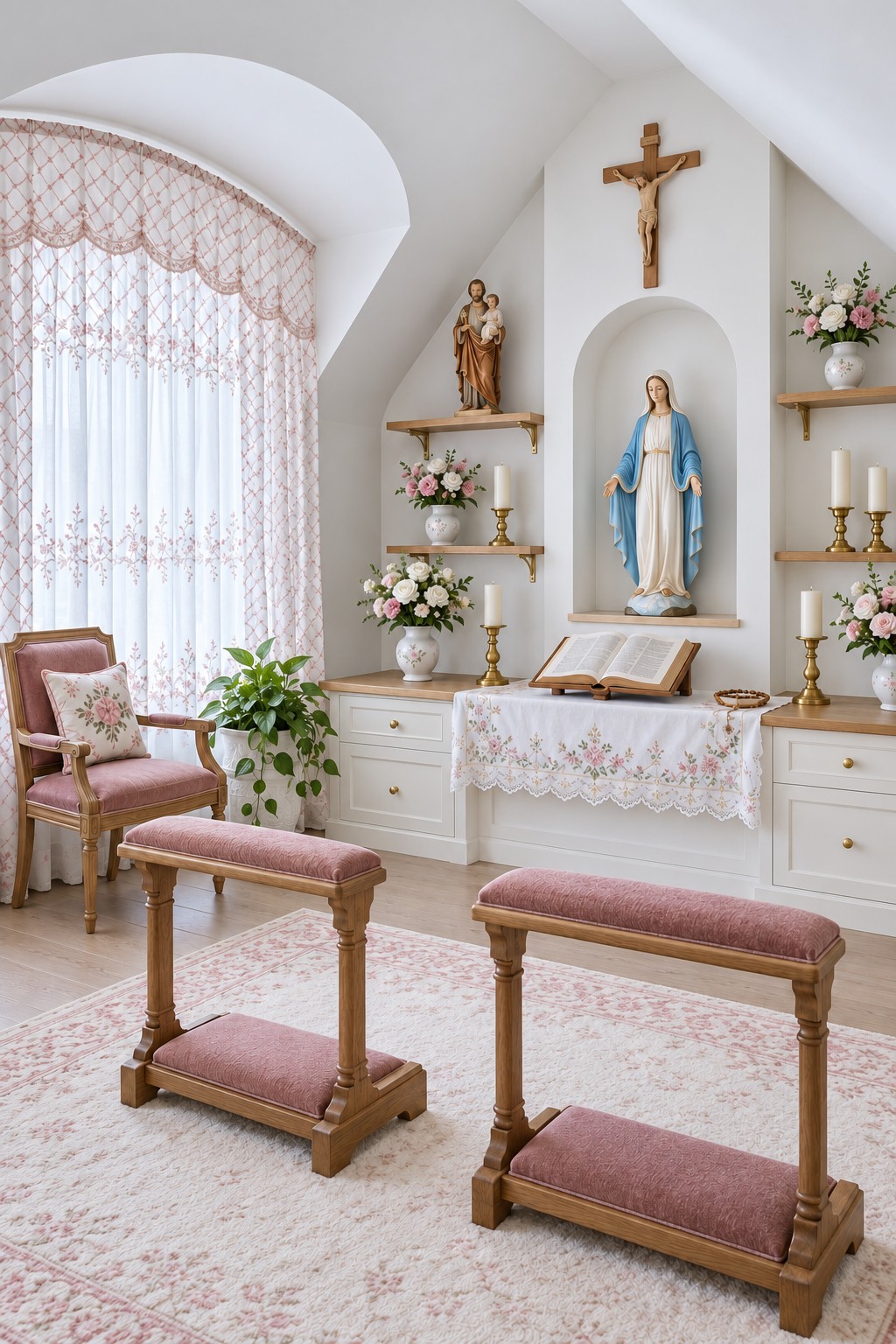 Two rose upholstered kneelers facing a Catholic prayer wall with a crucifix Marian statue and open Bible