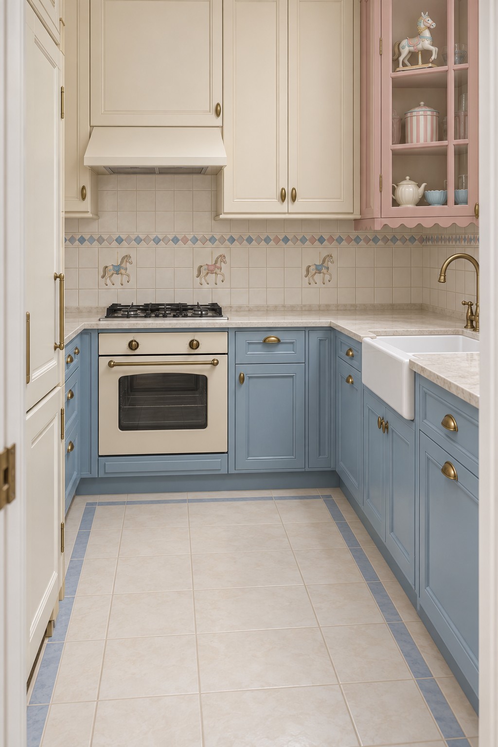 Powder blue lower cabinets, cream cupboards, carousel horse tiles, and a blush pink glass display cabinet