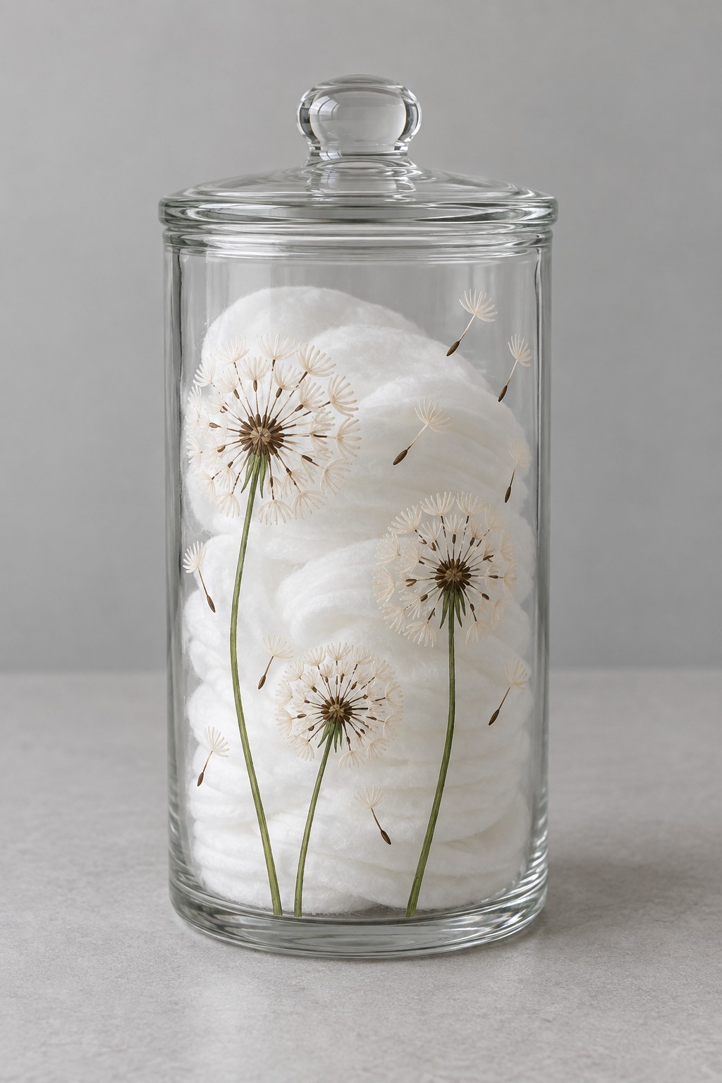 Tall clear lidded canister with fine white dandelion seed heads and green stems holding cotton pads