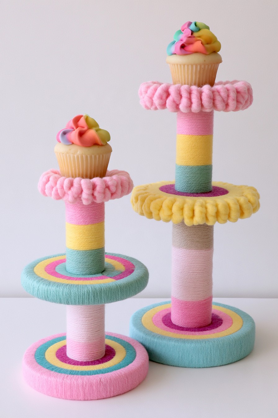 Two rainbow textile pedestals at different heights displaying one cupcake each