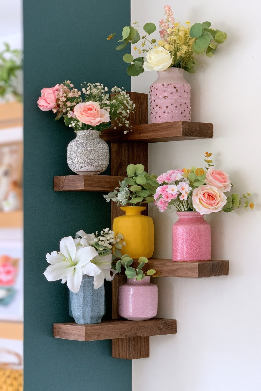Dark wooden corner shelves displaying pink, yellow, blue, and cream vases filled with flower arrangements