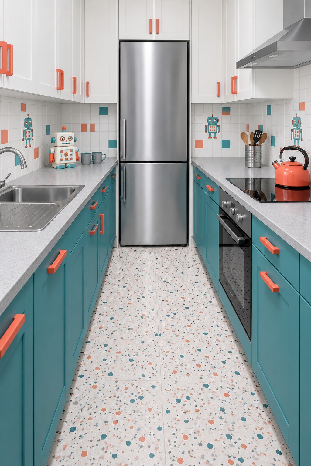 Teal and white galley kitchen with coral handles, robot accent tiles, and a colorful speckled floor