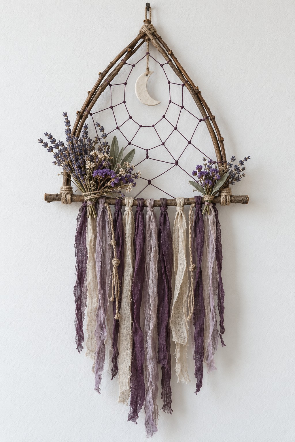 Pointed twig arch with a burgundy cord web, cream crescent moon, lavender bundles and purple fabric fringe