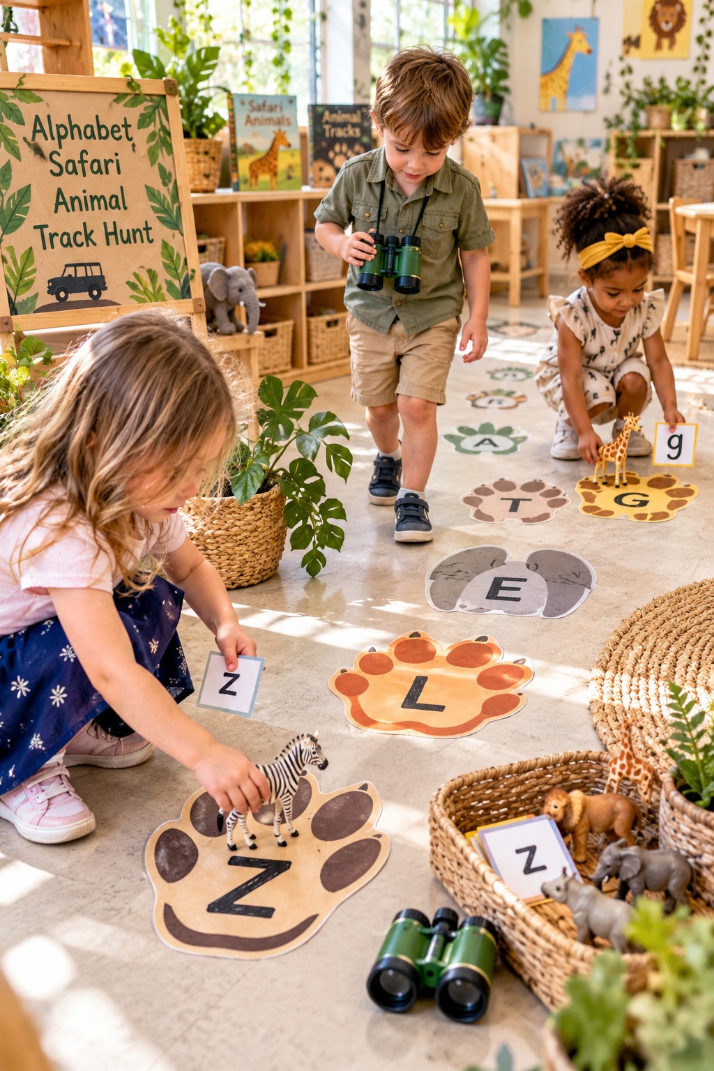 Child comparing a letter card with alphabet animal tracks on the floor