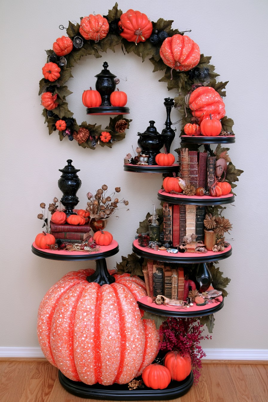 Tiered pumpkin display with vintage books, black vessels, and a pumpkin wreath
