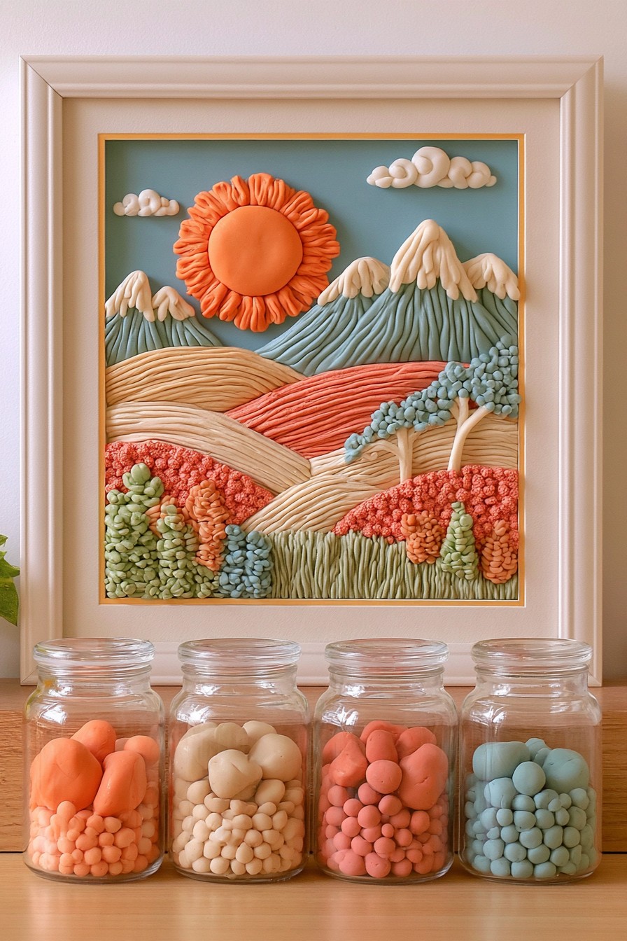Clay landscape relief with an orange sun, ridged hills, small trees, and flowers