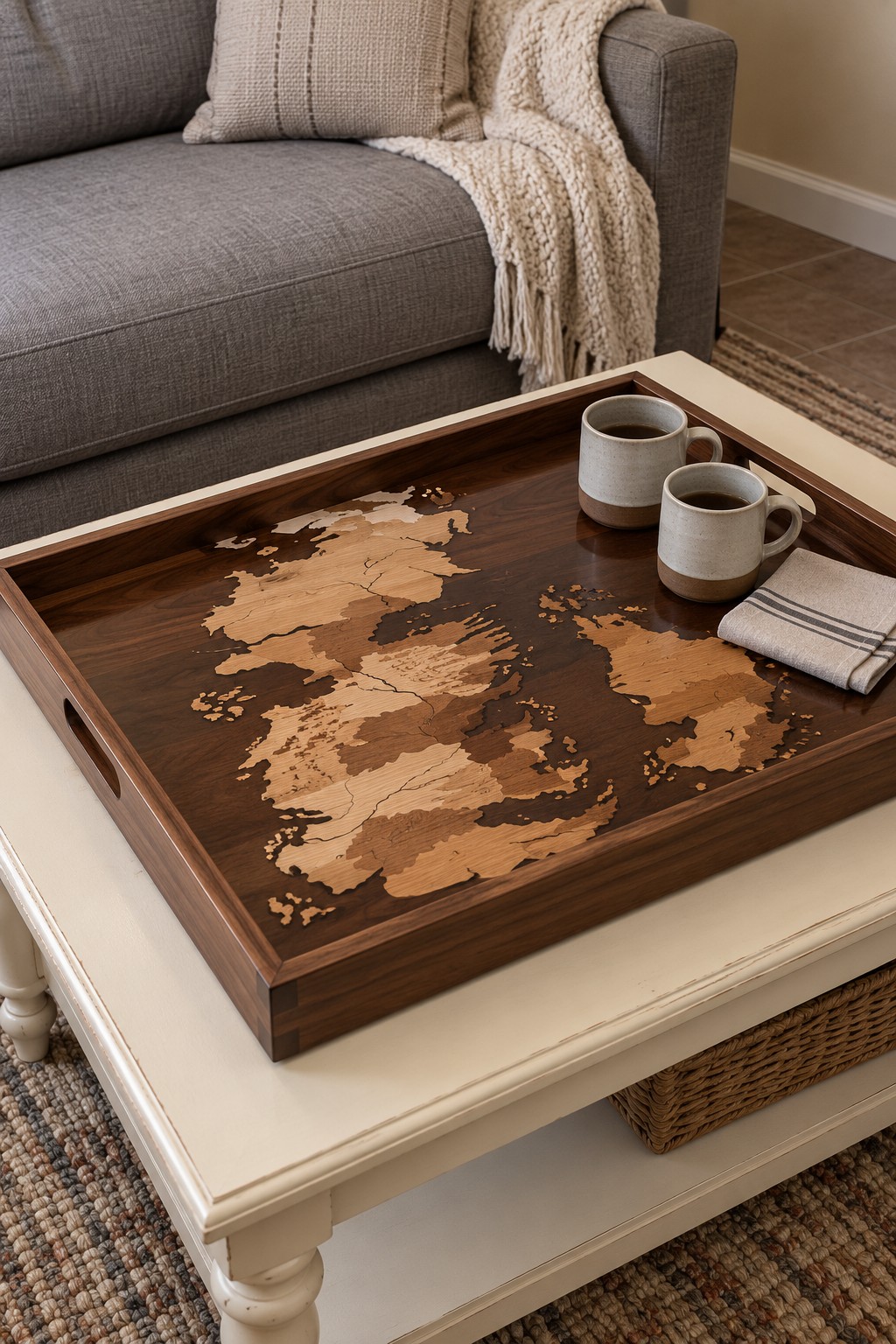 Dark wooden serving tray with a pale fantasy map design, two mugs, and a folded napkin on a cream coffee table